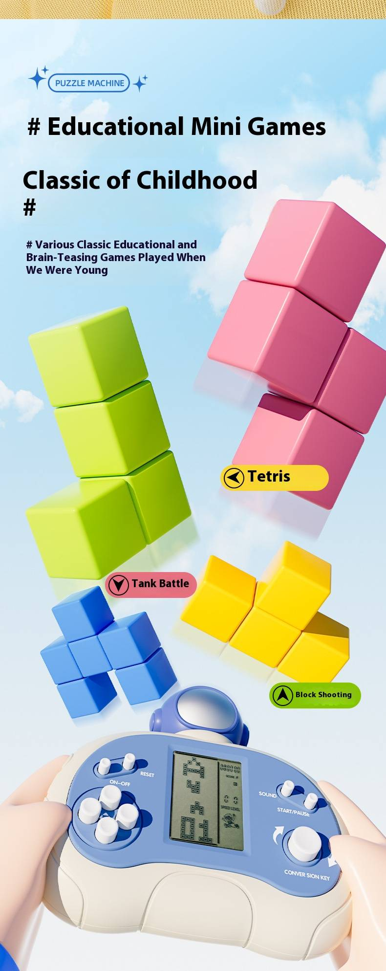 Tetris Handheld Game Console – Classic Block Puzzle Toy For Kids & Adults, Portable Brain Training Game With Rechargeable/Battery Options_voghion.com
