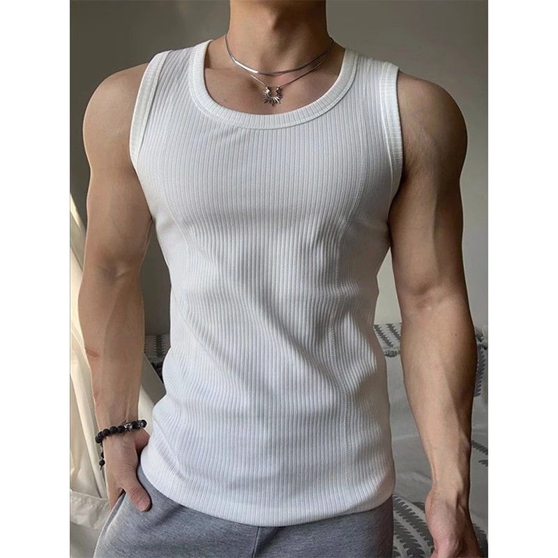 "Men's Muscle Fit Sleeveless Vest - Breathable Mesh Gym Tank Top For Summer Workouts & Bodybuilding - White/Black Athletic Compression Shirt"_voghion.com