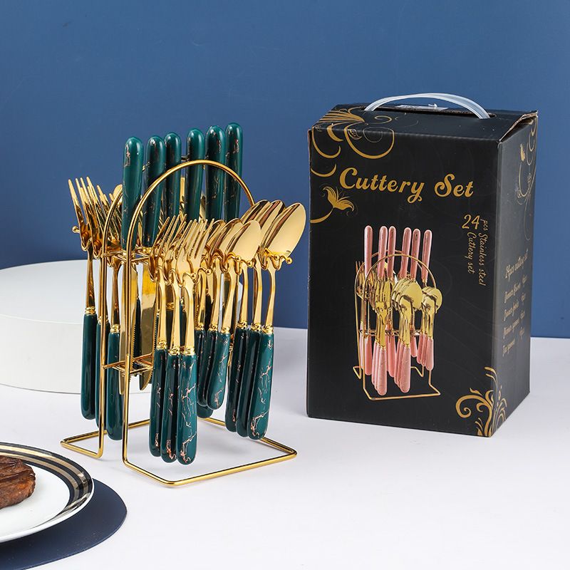 Nuovo set regalo da 24 pezzi con supporto per stoviglie, manico in ceramica, coltello, forchetta e cucchiaio in acciaio inossidabile, stile nordico_voghion.com