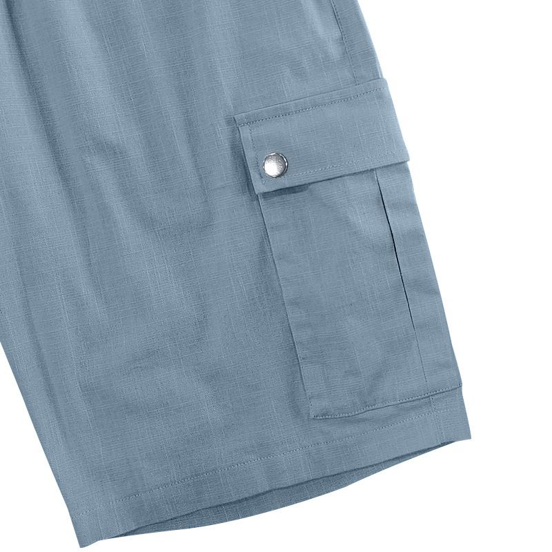 Pantaloncini da uomo in lino, pantaloncini cargo tinta unita con elastico in vita, tasche per viaggi e tempo libero, pantaloncini da spiaggia a gamba larga per l'estate_voghion.com