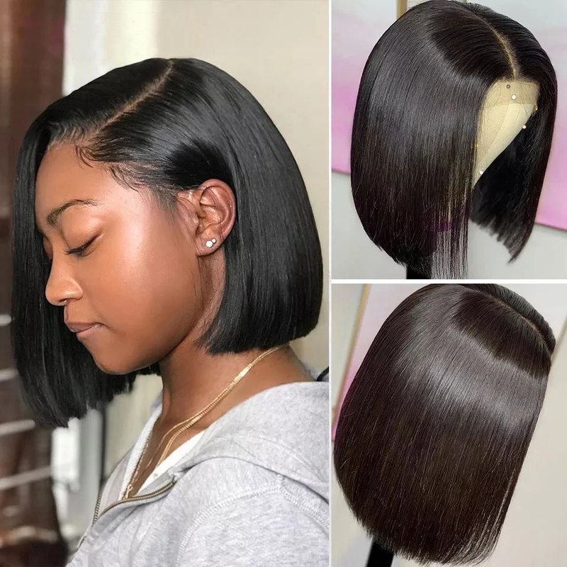 Vente chaude brésilienne courte droite avant 13x4 transparent frontal perruques de cheveux humains pour les femmes noires 4x4 fermeture dentelle Bob perruque_voghion.com