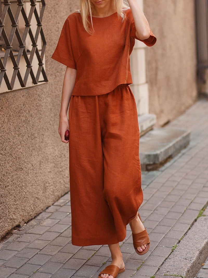 Completo da donna in taglie forti, con camicia e pantaloni larghi in tinta unita, due pezzi_voghion.com