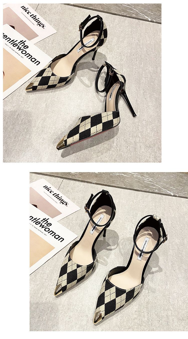 One line buckle high heels, spring and summer plaid pointed shallow mouthed sexy thin heel buckle hollow sandals_voghion.com