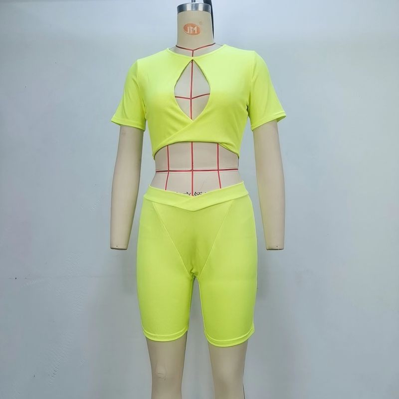 European And American Cross-Border 2024 Summer New Short Sleeve Hollow Out Crop Top Hip-Lifting Shorts Set Sports_voghion.com