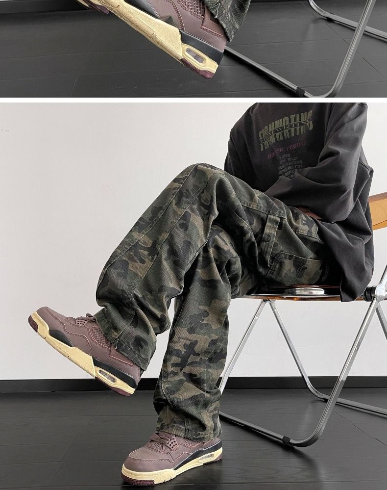 Spring High Street Micro-pull Pants American Camouflage Jeans Men's Straight Design High Sense_voghion.com