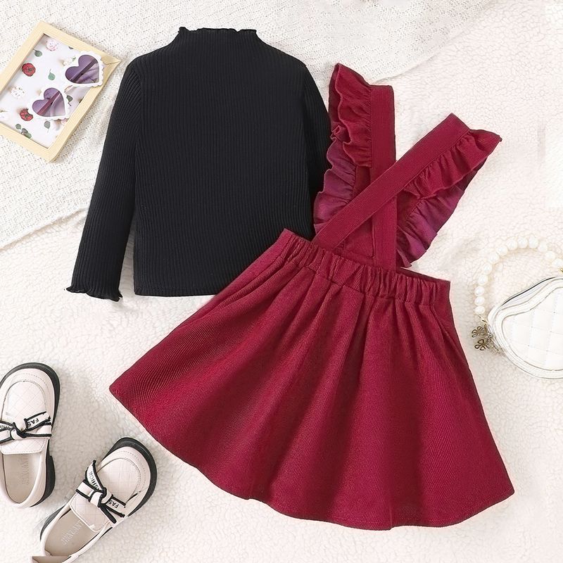 EW Abbigliamento per bambini Nuovi prodotti per la collezione autunnale per ragazze - Set top a maniche lunghe Pit Strip+gonna con spalline TZ669-A_voghion.com