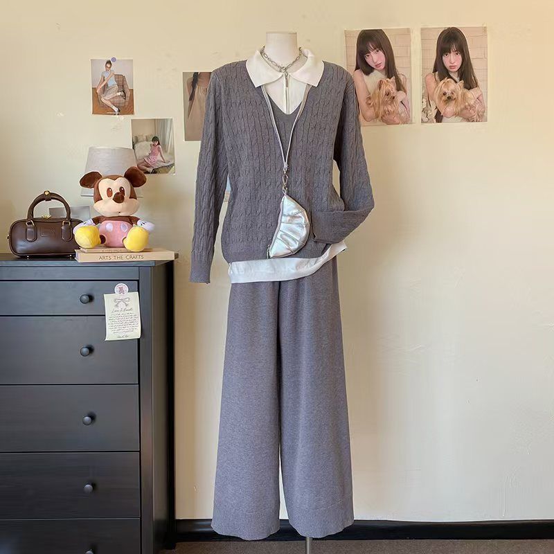 Women's Clothing women's autumn and winter new thick lapel stitching sweater two piece suit knitted sweater wide leg pants temperament suit_voghion.com