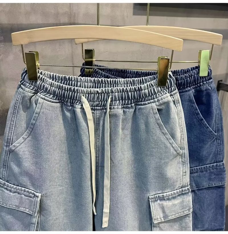 Trendy Herren Casual Workwear Denim Shorts, Sommer Multi Mouth Bag, Elastische Taille, Arbeitskleidung Capris_voghion.com