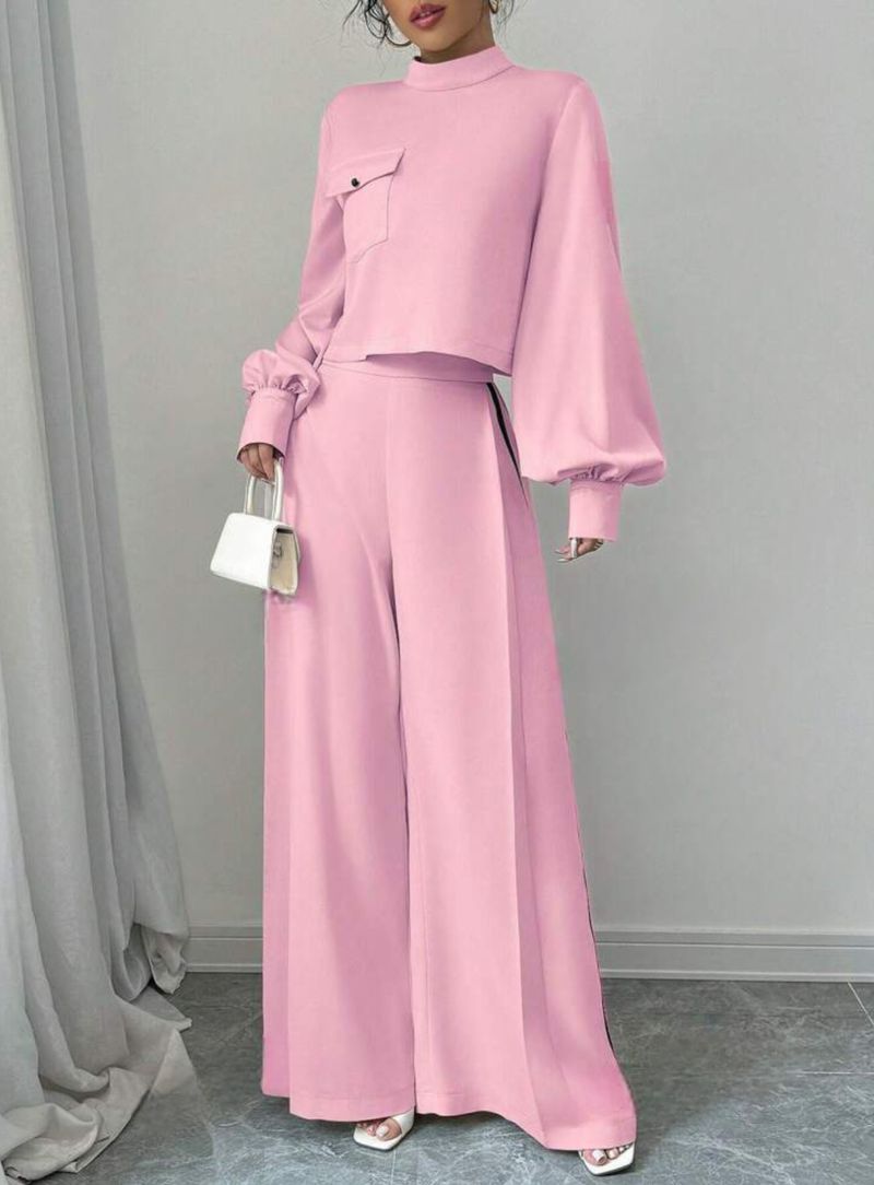 Women's Clothing casual half high collar lantern sleeves fashionable color matching wide leg pants suit_voghion.com