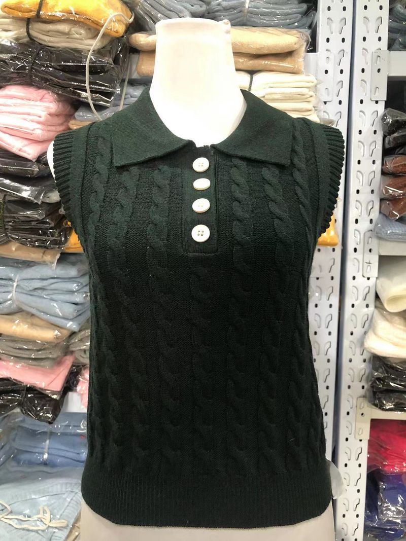 Women's Clothing sweater women's knitted vest twisted sleeveless lapel button pullover small vest_voghion.com