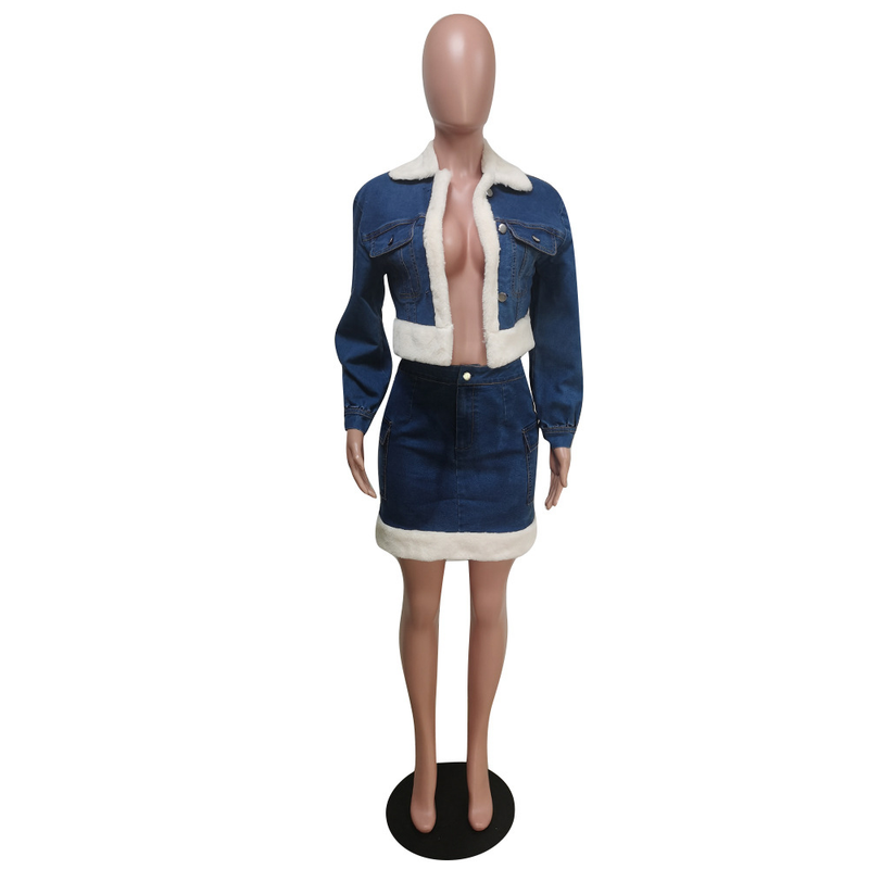 Gonna in denim alla moda da donna in denim felpato gruppo due set_voghion.com