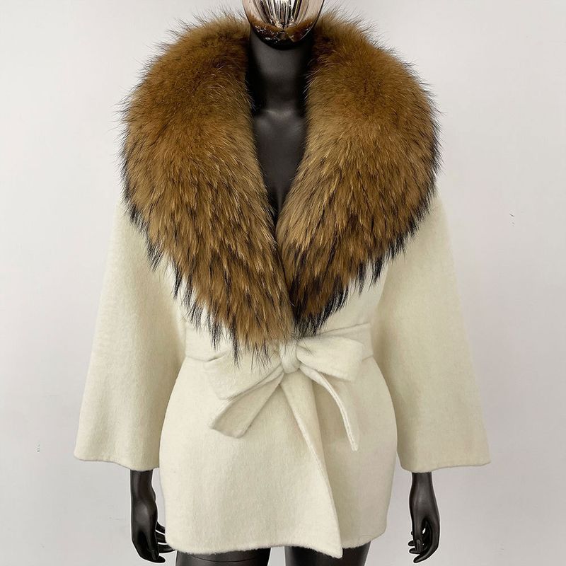 Kurzer Wollmantel für Damen mit Fuchspelzkragen – doppelseitige, übergroße Trenchcoatjacke, lässige, elegante Oberbekleidung, Winterblazer mit Gürtel (S/M)_voghion.com