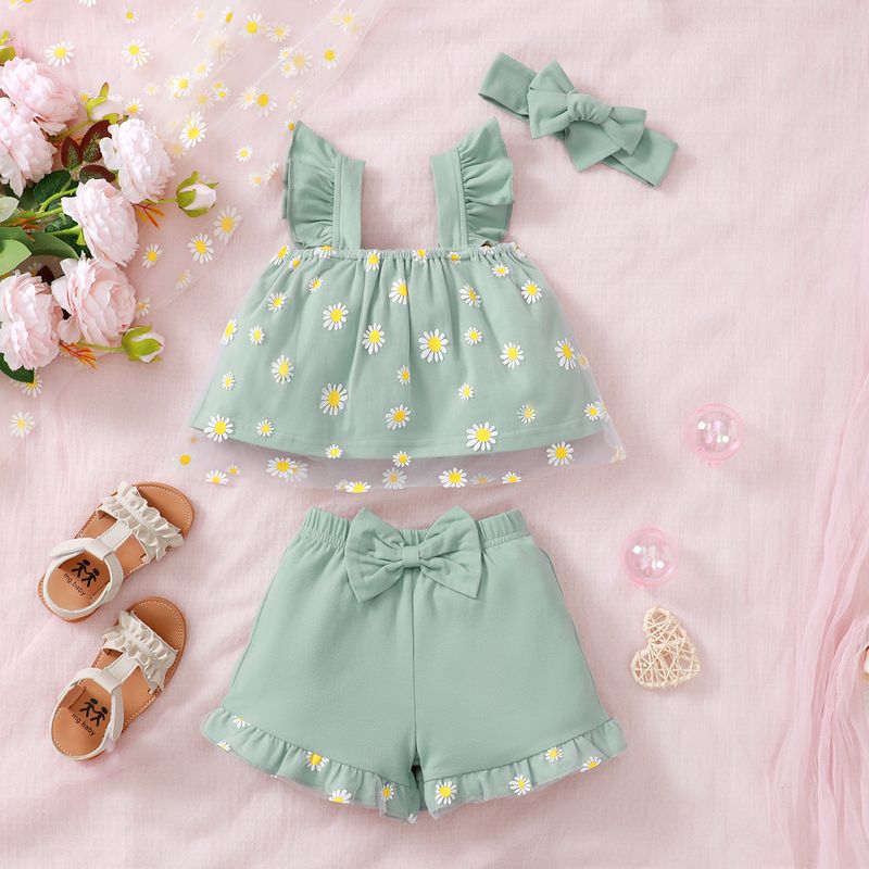 Popular Korean Baby Girl Cute Small Floral Print Suspender Lace Top Bow Ruffle Shorts Suit_voghion.com