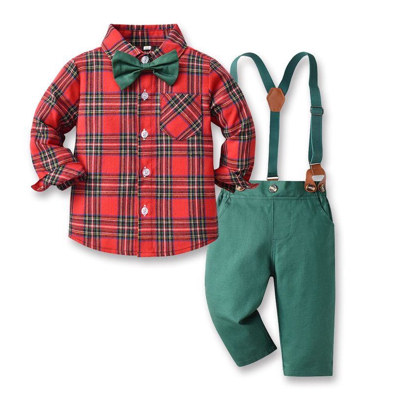 Kid's Clothing Boys suit new children Christmas gentleman dress long sleeve plaid shirt autumn and winter green overalls_voghion.com