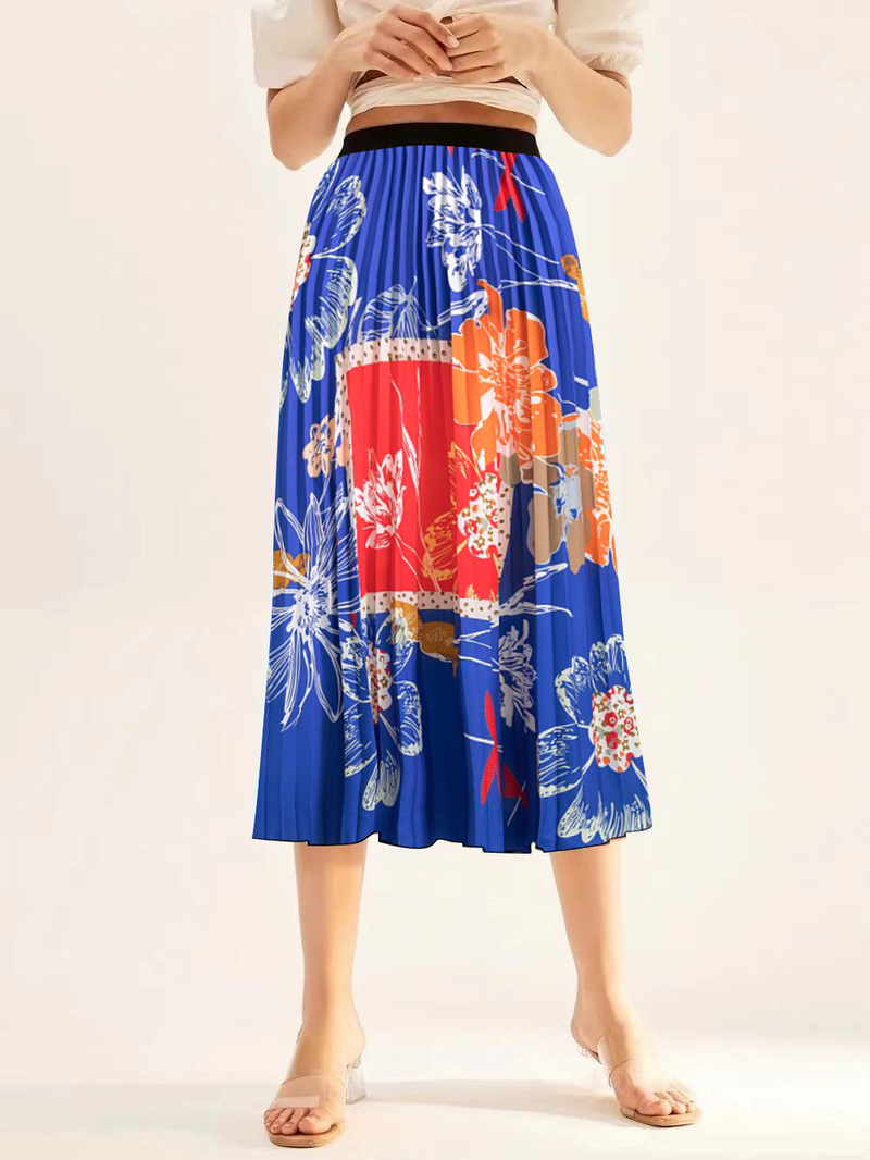 Gonna da donna a pieghe di media lunghezza con stampa digitale, moda casual, versatile, elastica in vita_voghion.com