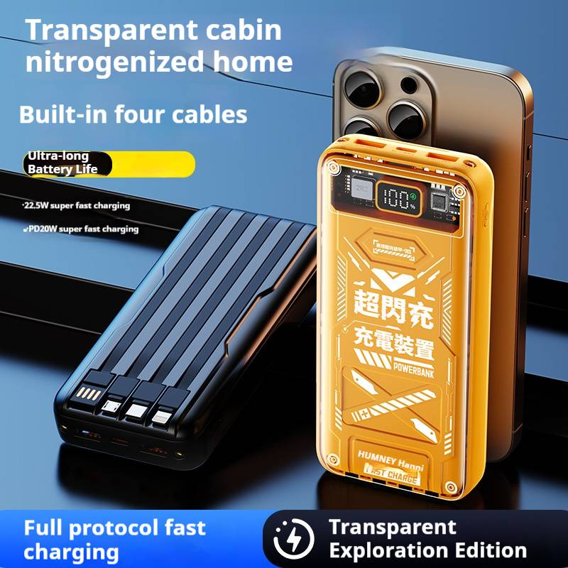 20000mAh transparante GaN powerbank met 4 ingebouwde kabels, 22,5W snellaadbare draagbare oplader, externe batterij met hoge capaciteit voor iPhone en Android_voghion.com