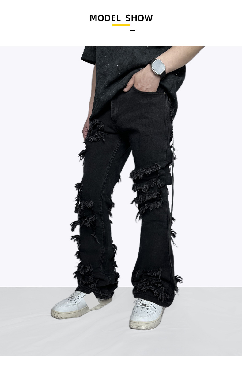 Jeans elasticizzati a zampa in stile retrò scuro con orlo effetto consumato a doppio strato e rifiniture a nastro - Vestibilità slim, vita alta, lavaggio vintage (nero)_voghion.com
