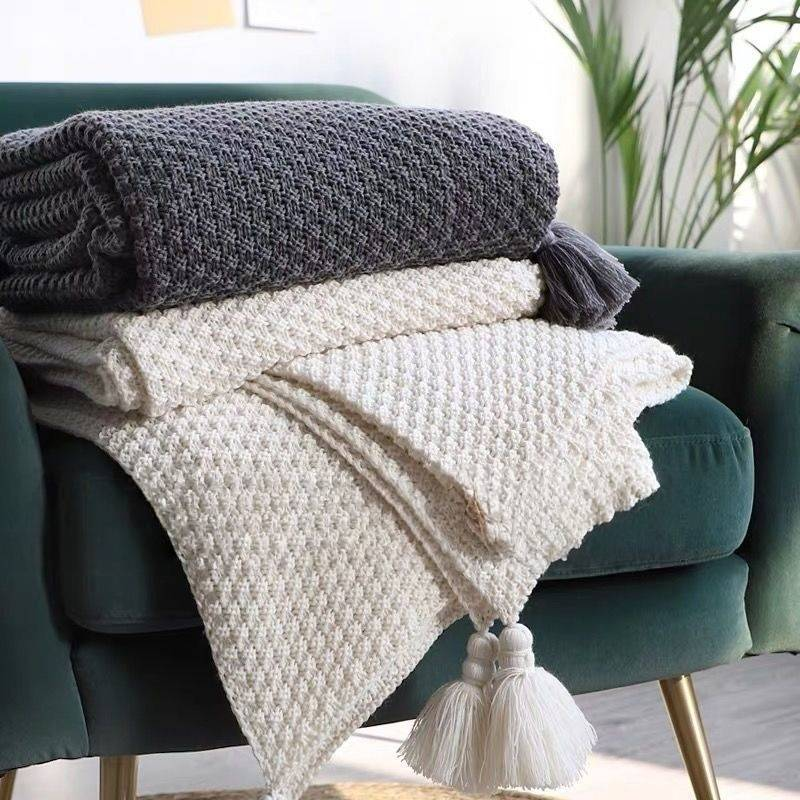 Premium Cotton Knit Throw Blanket - Soft & Breathable For Sofa, Office Nap, And Home Decor (Beige/Grey, Lightweight, OEKO-TEX Certified)_voghion.com