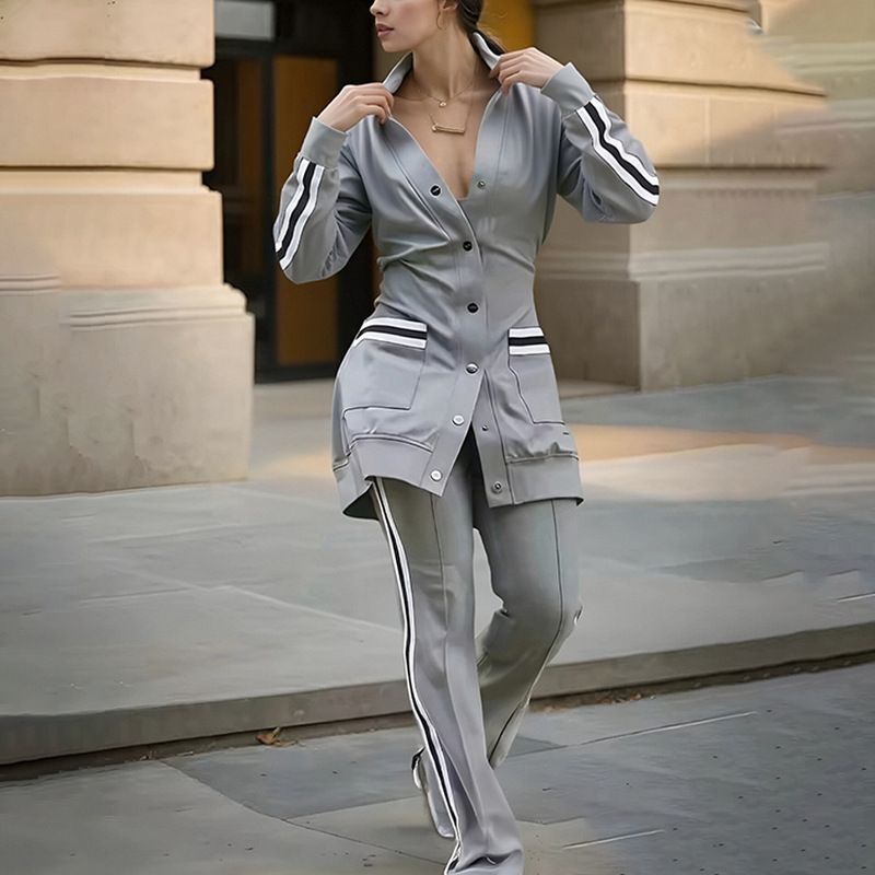Women's Casual Button-Down Long Sleeve Top & Pants Set - Polyester Comfort Outfit For Work & Daily Wear_voghion.com