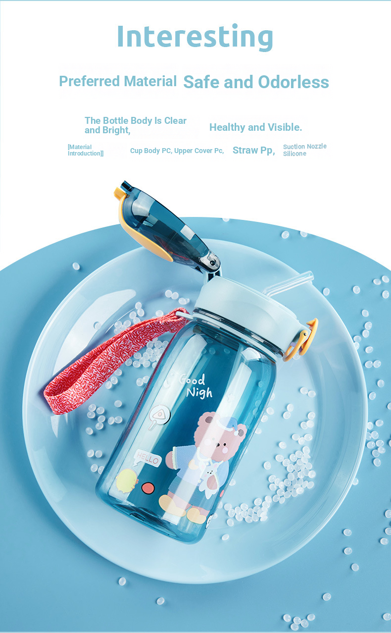 Tazza portatile in plastica con coperchio e cannuccia per bambini, con orso carino e cartone animato_voghion.com