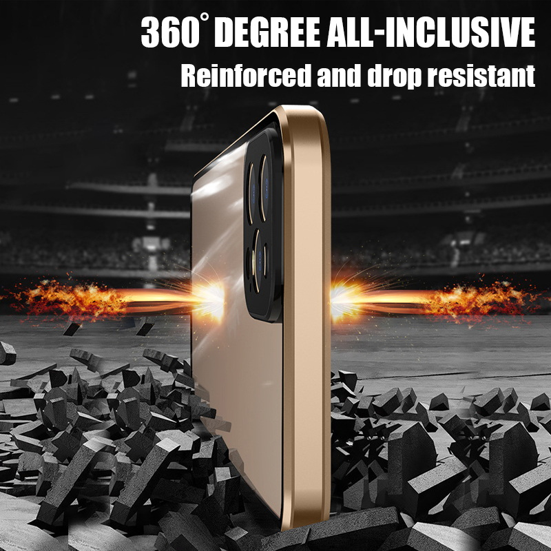 Funda de vidrio de doble cara con protección completa de 360 ° para iPhone 14, 13, 12 Pro Max, hebilla deslizante, parachoques de Metal de aleación de aluminio_voghion.com