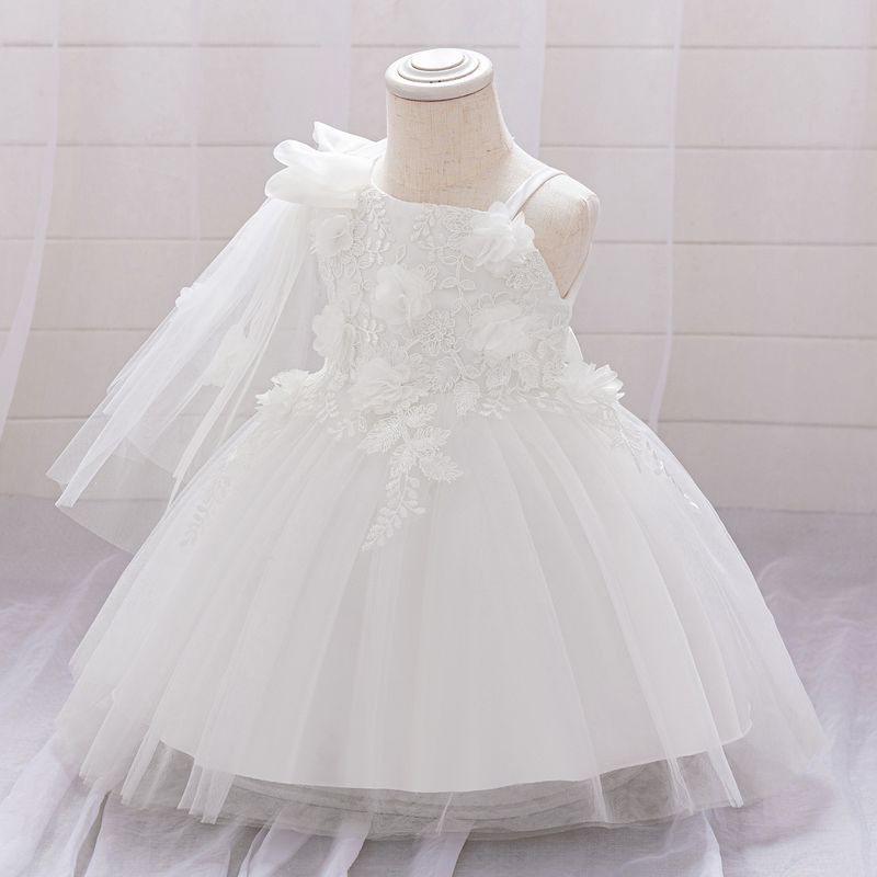 Boho Chic Christening Dress (70-110cm/6M-3Y) | Asymmetric Straps Tulle Gown With Lace Trim | Unique Straps Design For Baptism & 1st Birthday_voghion.com