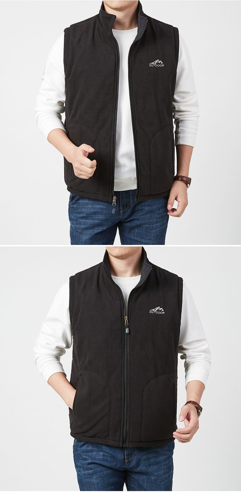 Colete reversível de lã polar para homem – Jaqueta puffer sem mangas quente de inverno com gola alta e vários bolsos (M-5XL)_voghion.com