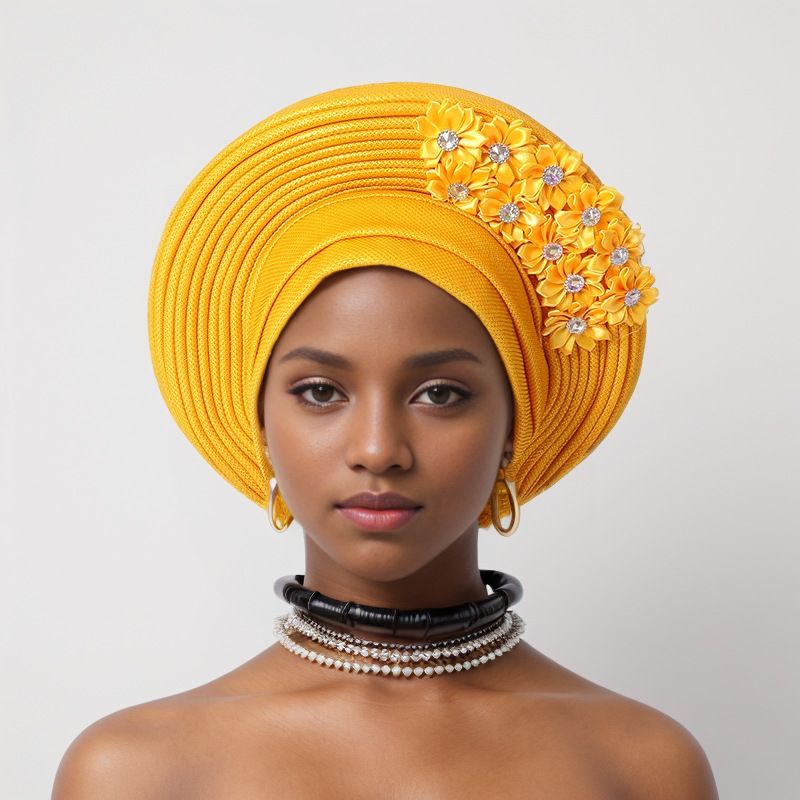 Elegante copricapo a strati in pizzo decorato per matrimoni e feste - Fascia per la testa in gele regolabile in più colori Cappello Baotou Aoto Gele_voghion.com