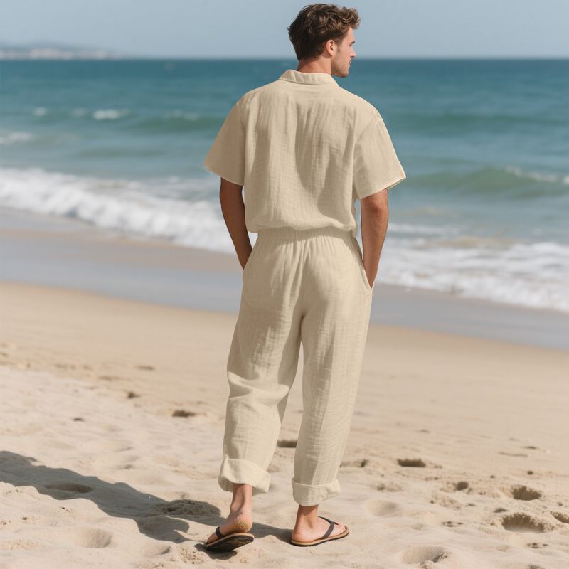 Set de cămașă și pantaloni scurți de plajă din in pentru bărbați, costum casual de vară cu mânecă scurtă_voghion.com