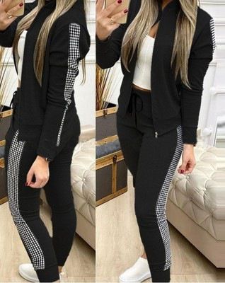 Damer långa sport Casual Zip Patchwork Rutig kostym_voghion.com