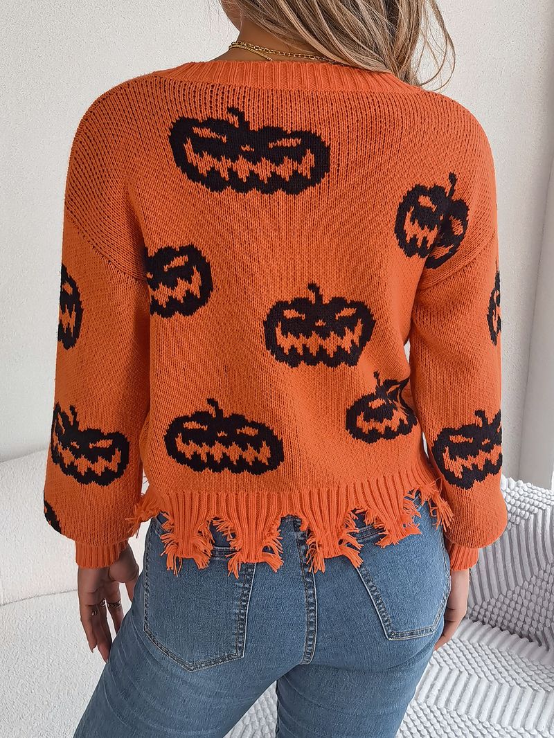 Autumn Winter Halloween Color-Block Pumpkin Cut Long Sleeve Pullover Sweater Women's Fashion_voghion.com