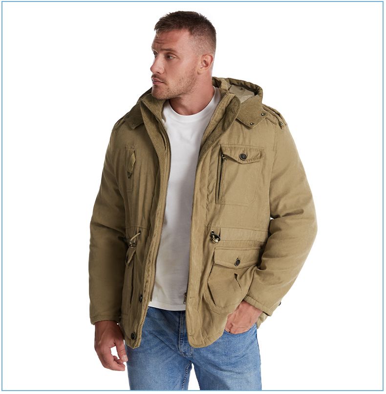 Men's Plus Size Shearling Hooded Cotton Jacket Thickened Multi-Pocket Cotton Top Casual Mid-Length Coat_voghion.com