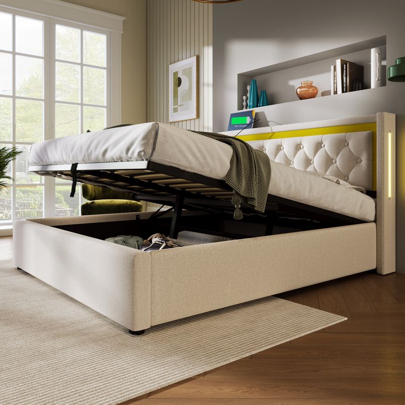 Lit double avec rangement LED et chargement USB Type-C, tête de lit rembourrée en coton, cadre de lit enfant 140 x 200 cm avec sommier à lattes (matelas inclus)_voghion.com