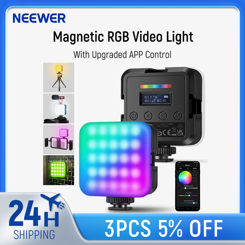 NEEWER RGB62 Magnetic RGB Video APP Control 360 ° Full Color LED Camera Light With 3 Cold Shoes Photography Lighting_voghion.com