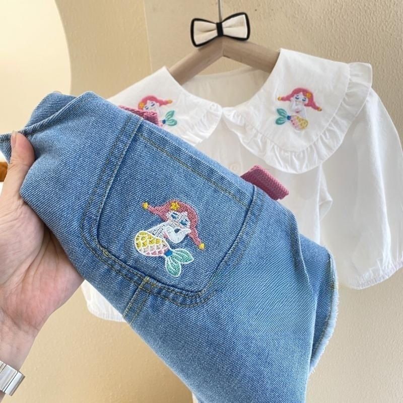 Abbigliamento per bambini Camicia ricamata con sirena e gonna in denim, set da due pezzi_voghion.com