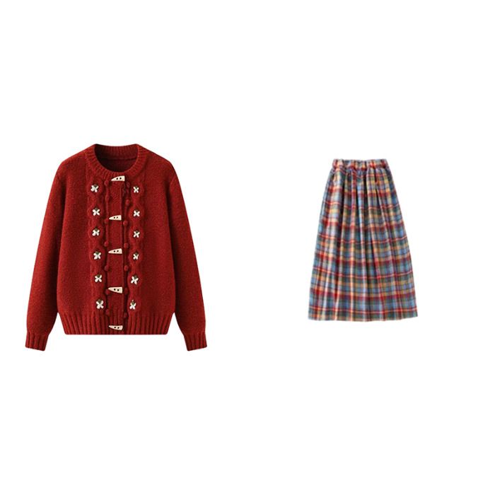 Herfst/Winter Petite Tea Style Outfit Rode Hoornknopen Trui Geruite Rok Jeugdige Luie Tweedelige Set_voghion.com