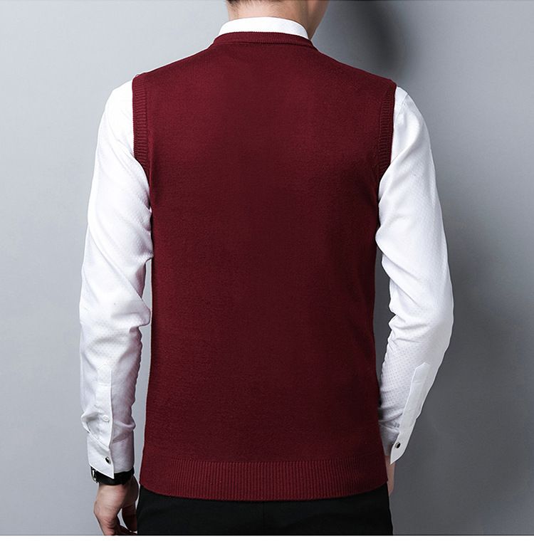 Herbst und Winter Neue Herren Wollpullover Strickweste Weste Lässige Weste Mittleren Alters Einfarbig V-Ausschnitt Vielseitige Weste_voghion.com