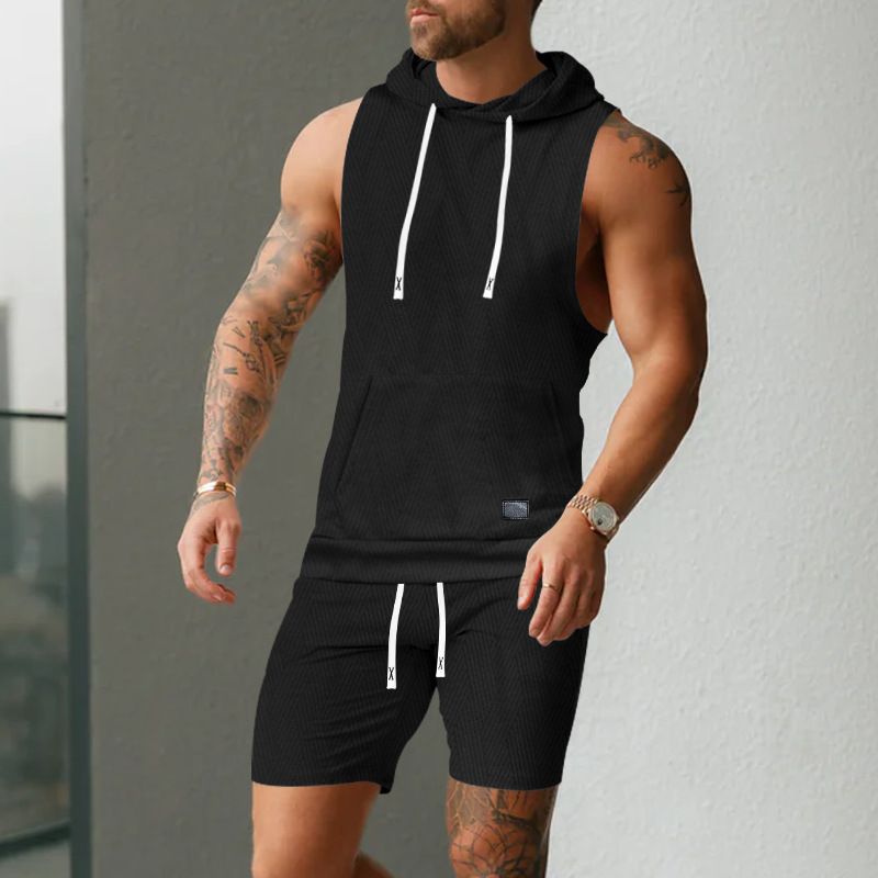 Ärmlös enfärgad jacquardstickad huvad ärmlös t-shirt casual västshorts set för män_voghion.com