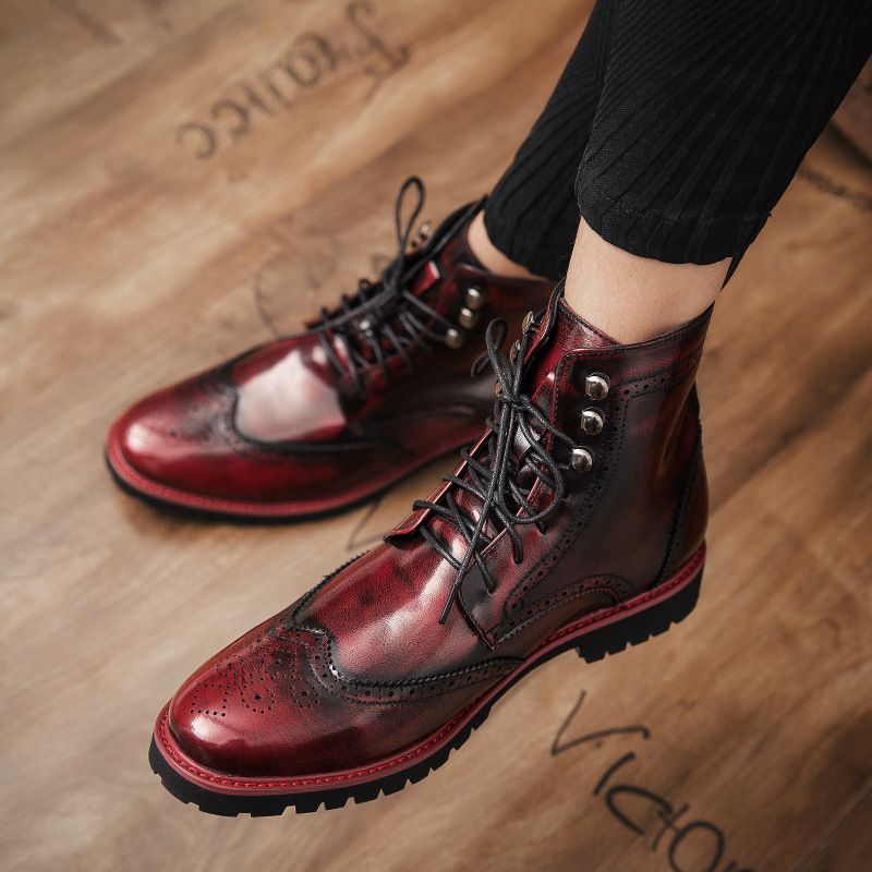 Euro Step, stivali alti autunnali in stile coreano, stivali medi cinesi Martin, scarpe brogue britanniche in pelle intagliata da uomo_voghion.com