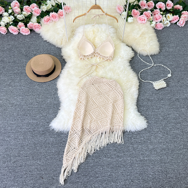 Women's holiday style suit women's design bikini halter top versatile tassel skirt knitted two-piece set_voghion.com