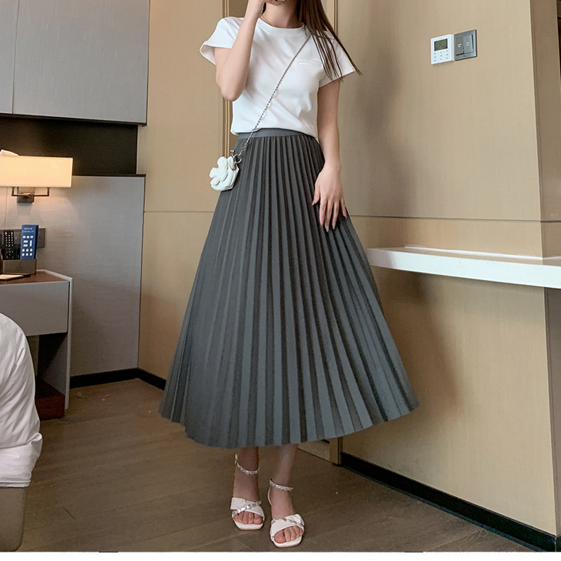 Pleated large swing A-line umbrella skirt long skirt spring and summer elastic high waist high temperature pleated retro slim mid-length skirt_voghion.com