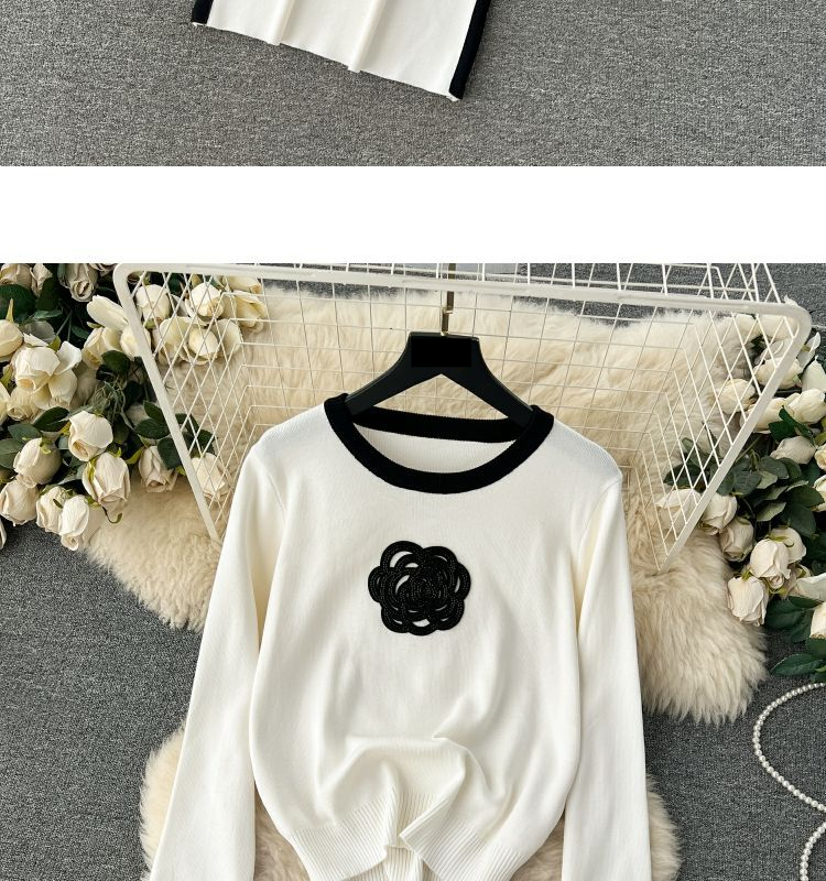 Zweiteiliger Anzug für Damen mit kontrastierendem Farbdesign, Rundhalsausschnitt, lockerem Langarm-T-Shirt und hoch tailliertem, schmalem, mittellangem Rock_voghion.com