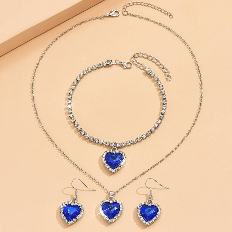 Mode und Luxus voller Strass Kristall Schmuck Set Ozean Herz 3 Stück Halskette Ohrringe Armband_voghion.com