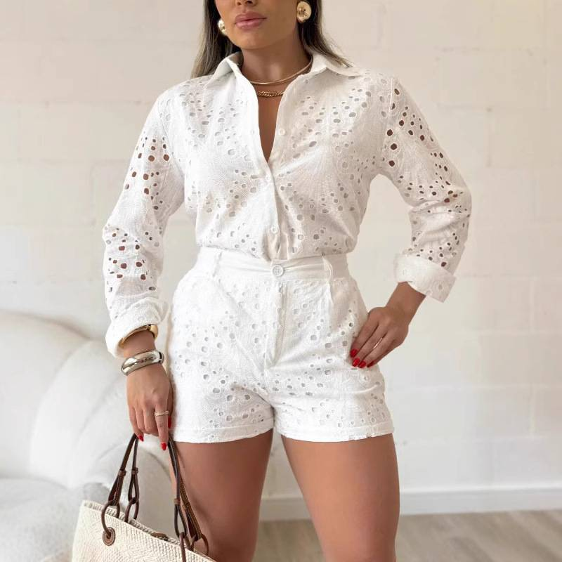Ensemble 2 pièces pour femme, short décontracté à manches longues et couleur unie_voghion.com