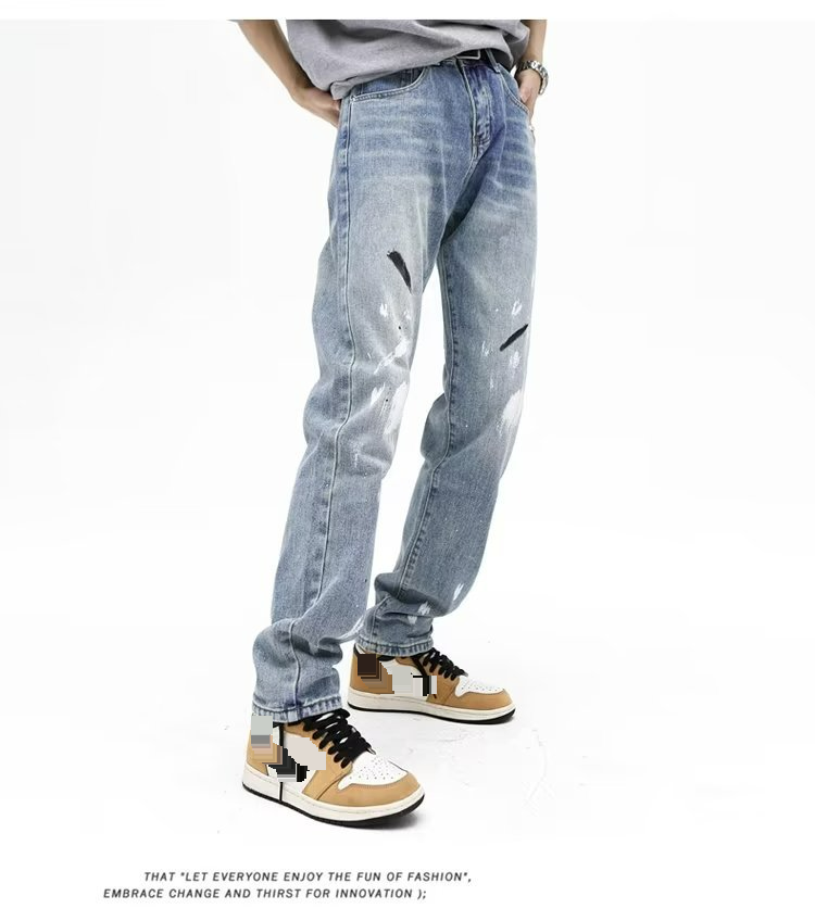 High Street Trendy Brand Splashed Ink Micro Flared Jeans Men's American Retro Vibe Style Loose Straight Casual Mopping Trousers_voghion.com