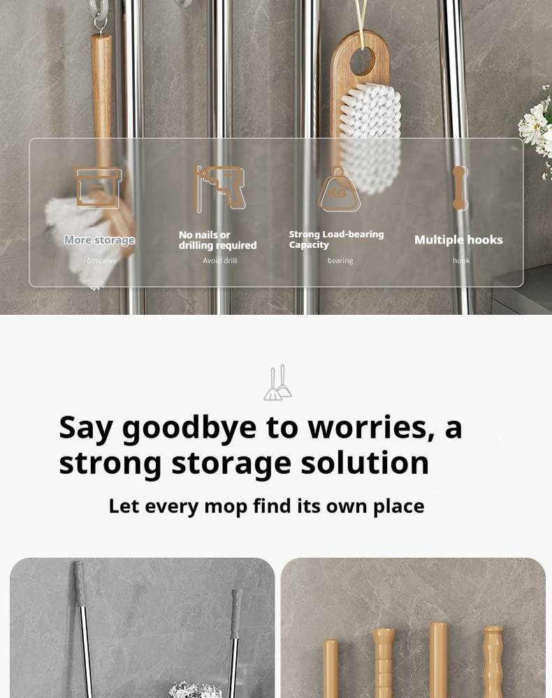 Plastic Wall-Mounted Broom Holder – Space-Saving Tool Organizer For Mops, Brooms & Cleaning Supplies (4-Pack, Gray/White)_voghion.com