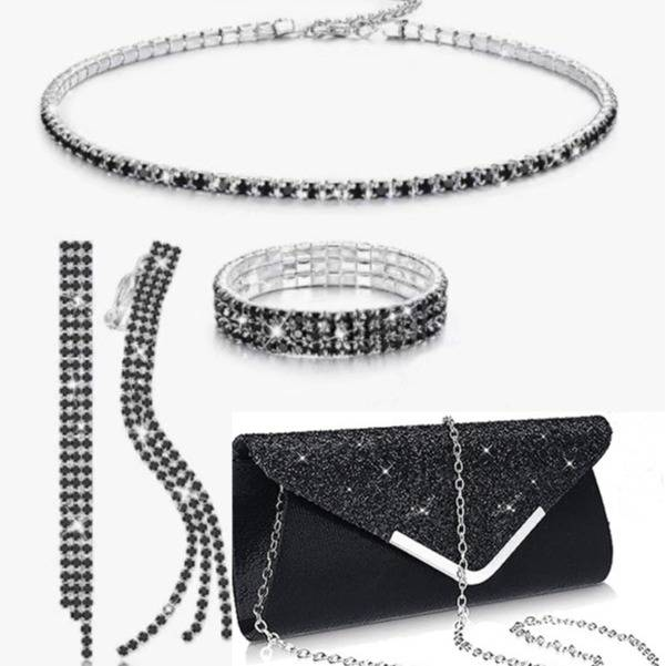 Set di gioielli da donna: elegante collana con strass, orecchini, bracciale e fermagli per abiti, per feste serali, matrimoni, balli di fine anno (bianco, giallo, oro rosa, nero)_voghion.com