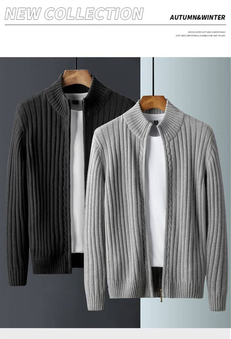 Men's Chunky Knit Cardigan With Zipper - High Collar Casual Sweater For Autumn & Winter, Stretchy & Machine Washable, Trendy Cable Knit Design_voghion.com