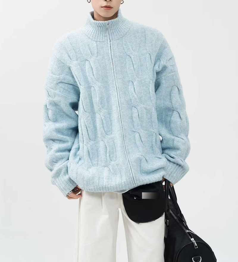 Maglione semi-dolcevita da uomo - Cardigan oversize in maglia a trecce con tessuto elasticizzato traspirante, abbigliamento unisex per l'autunno (nero/kaki/blu)_voghion.com