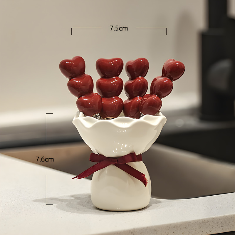 Cute Dessert Fruit Fork Household Tableware With High Aesthetic Value, Creative Ceramic Storage Jar+stainless Steel Small Fork Set_voghion.com